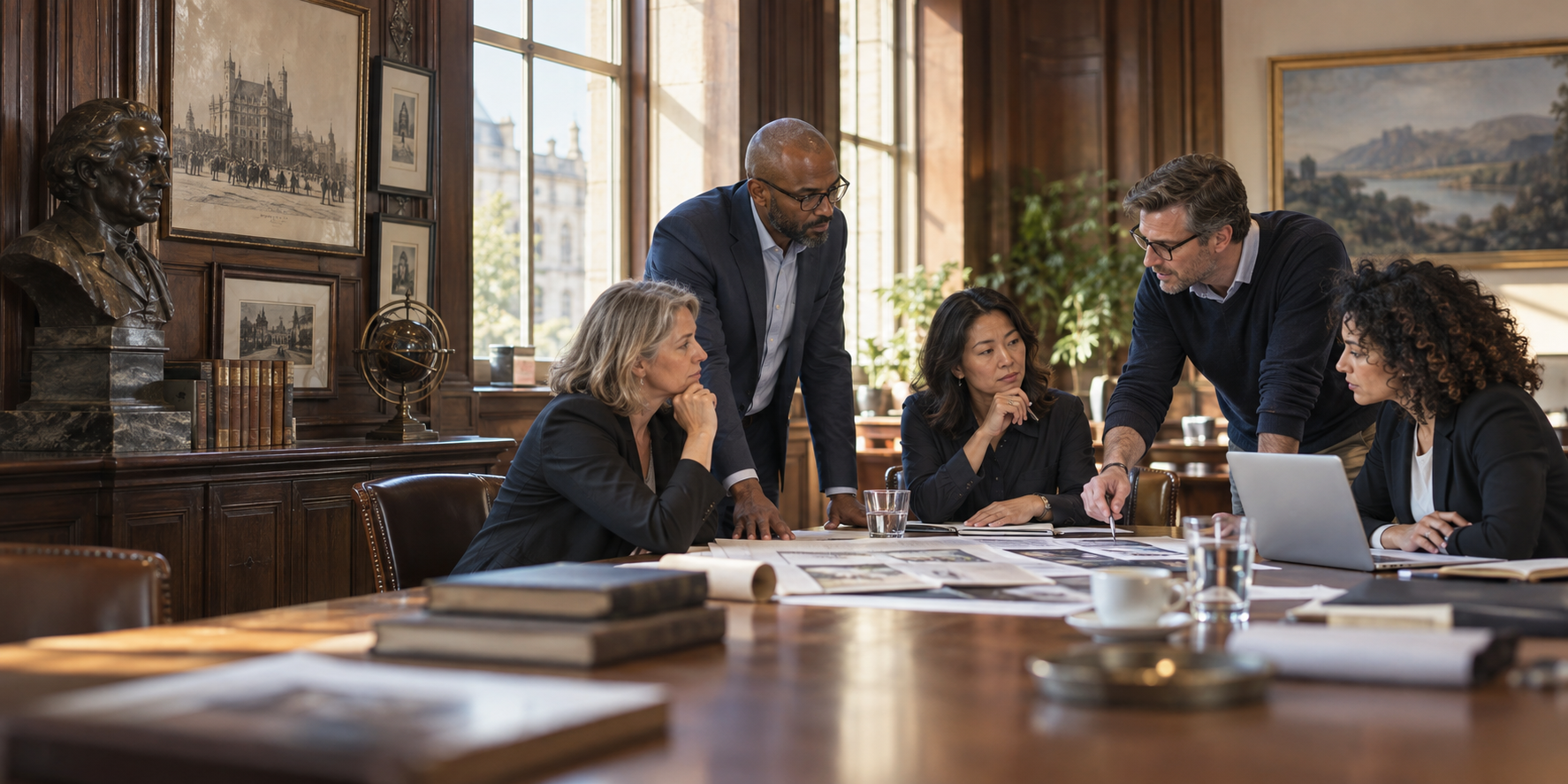 A leadership team considering a new direction in a workplace with a visible history