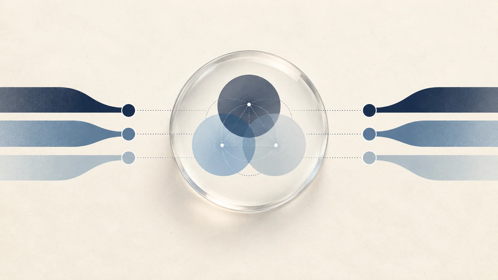 Three organizational bands separated by a visible distance with a relational lens revealing three overlapping domains