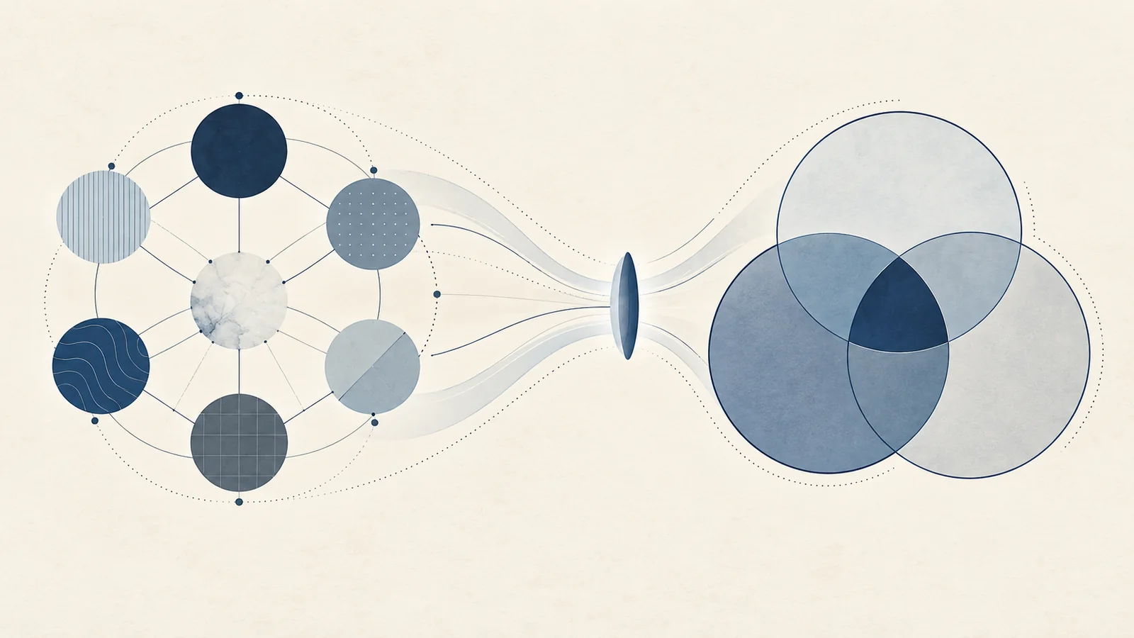 Seven interconnected organizational elements narrowing through a lens toward three overlapping relational domains