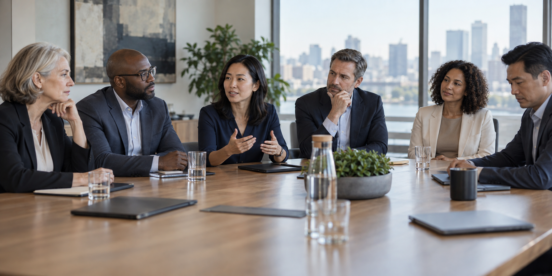 A composed leadership meeting with subtle differences in attention and commitment