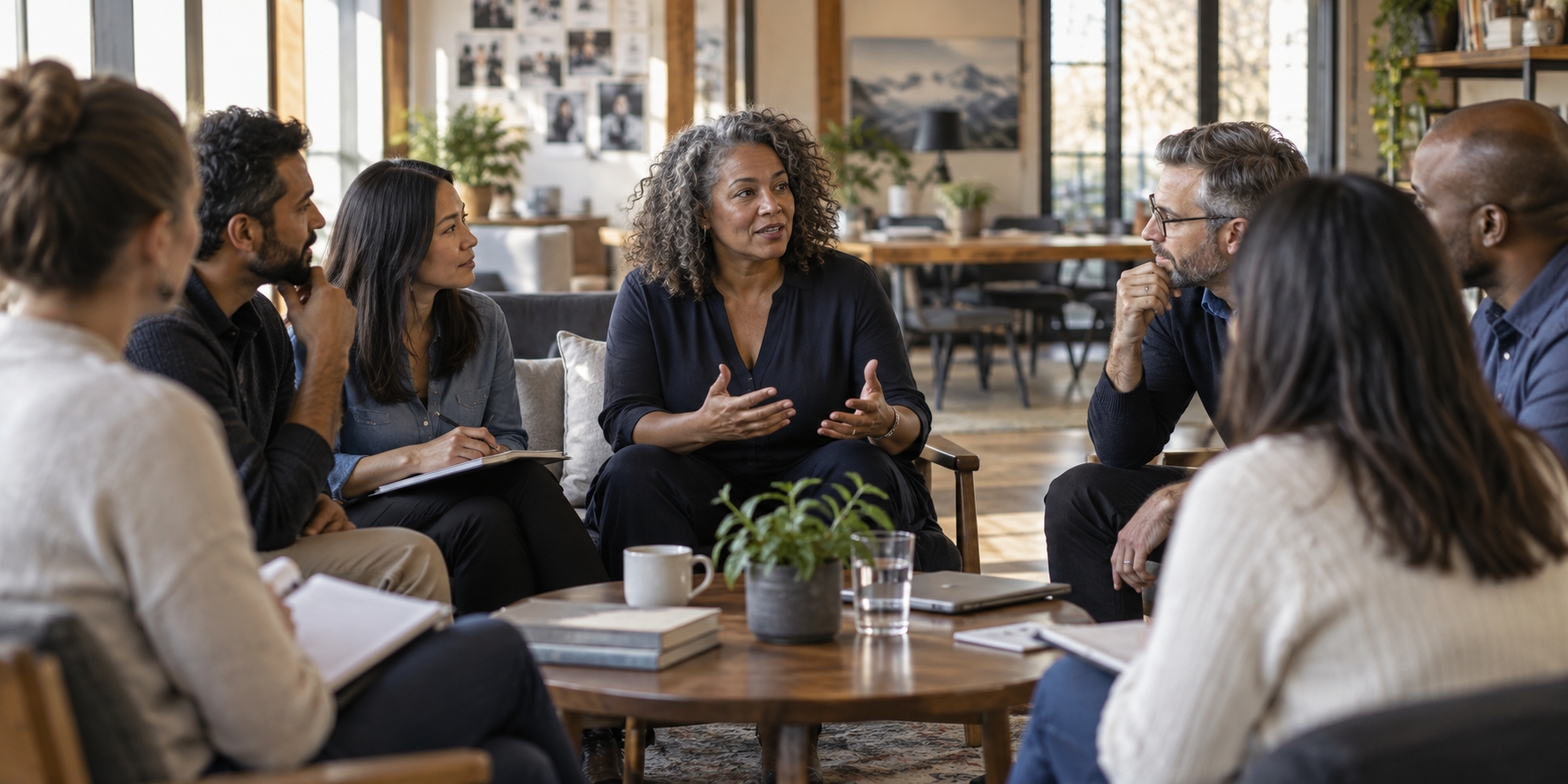 A leader and employees discussing the meaning of a new direction in a small group