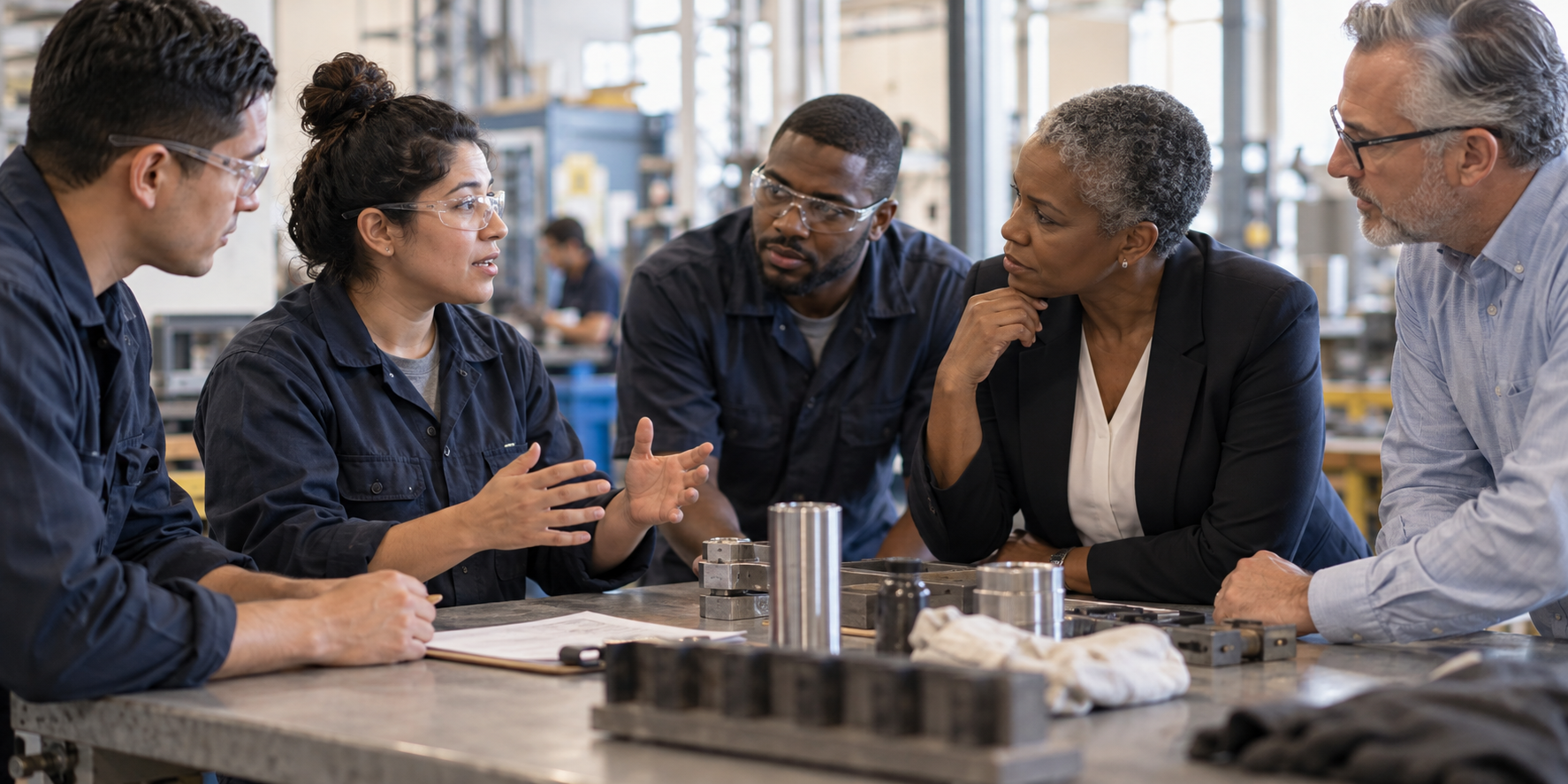 Operational employees explaining a work constraint to senior leaders
